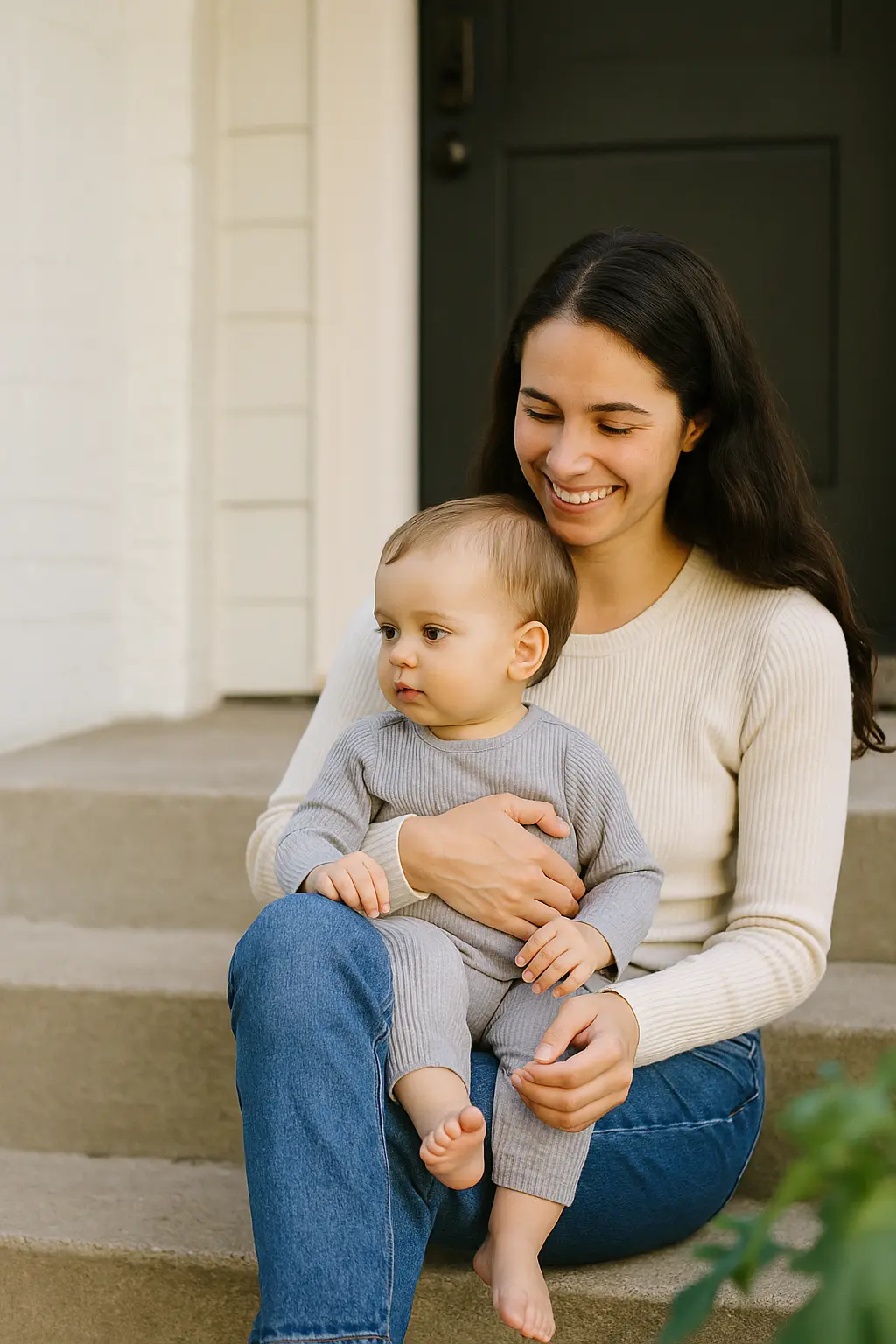 Mother holding baby on front steps - representing family protection and security